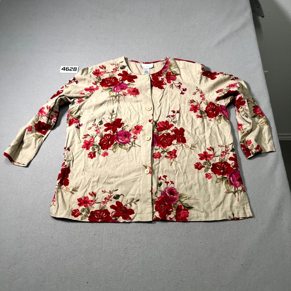 Susan Graver Style Blouse Womens 1X Tan Red Floral Linen Button Front